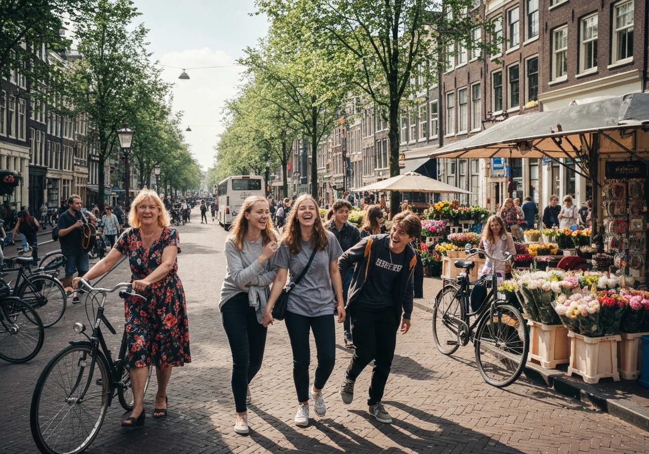Busy street scene in Amsterdam, Netherlands