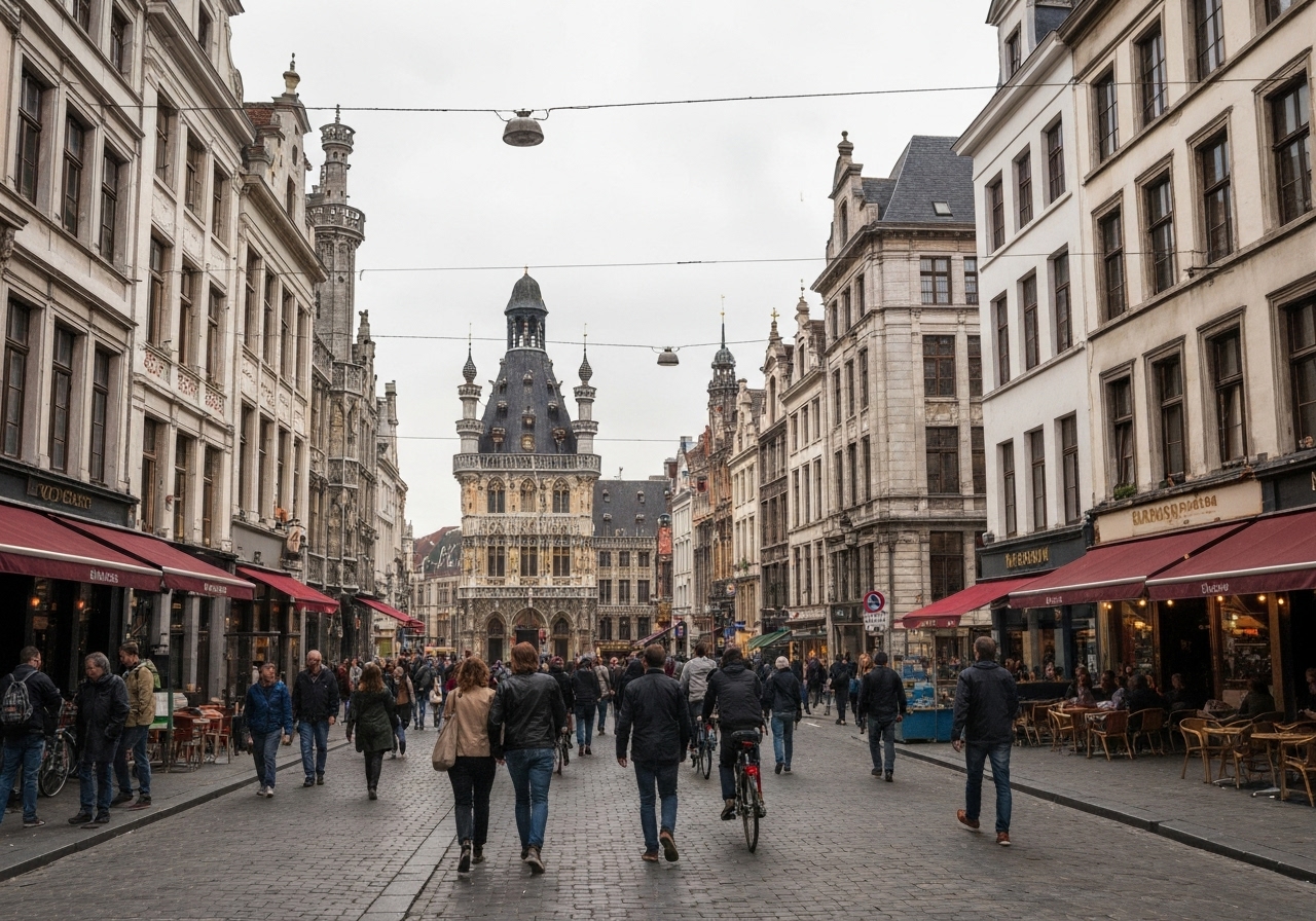 Busy street scene in Brussels, Belgium