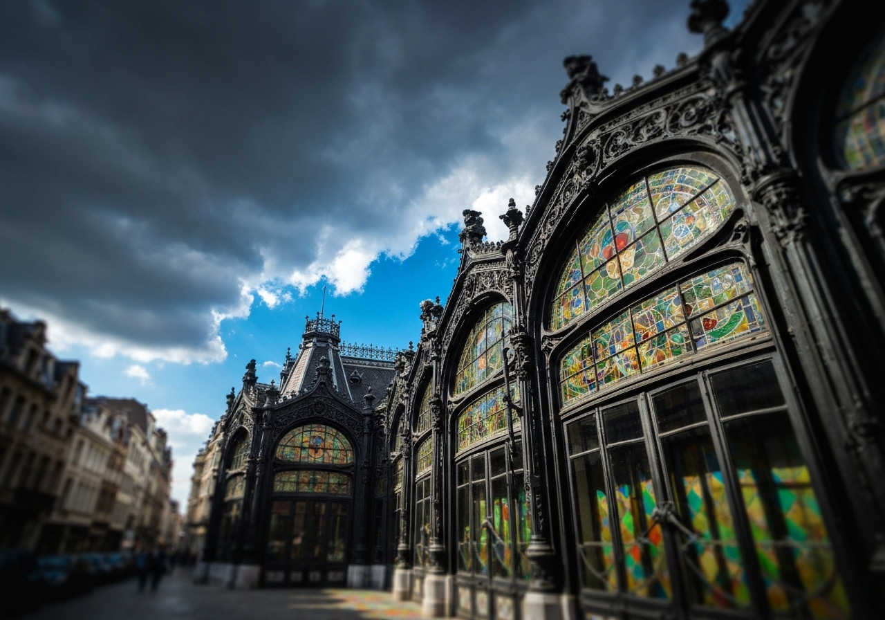 A spontaneous shot looking up at the ornate black ironwork and glass details of the Art Nouveau facade of the Musical Instruments Museum in Brussels, with a sliver of breaking blue sky between the clouds, taken from street level