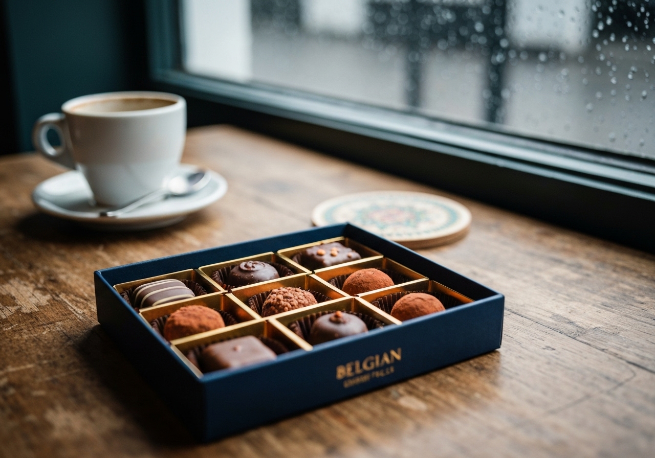 A candid, slightly blurred smartphone photo of a small, elegant box of assorted Belgian pralines and truffles sitting on a cafΓ© table, with a half-finished coffee cup in the background and a rain-spattered window visible in soft focus