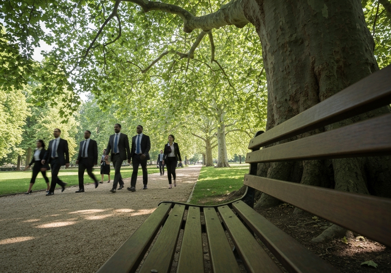 A first-person perspective shot from a park bench under a large, ancient plane tree, looking down a manicured gravel path. Government workers in business attire walk briskly through the park, slightly blurred as if in motion. The image captures dappled sunlight filtering through the leaves