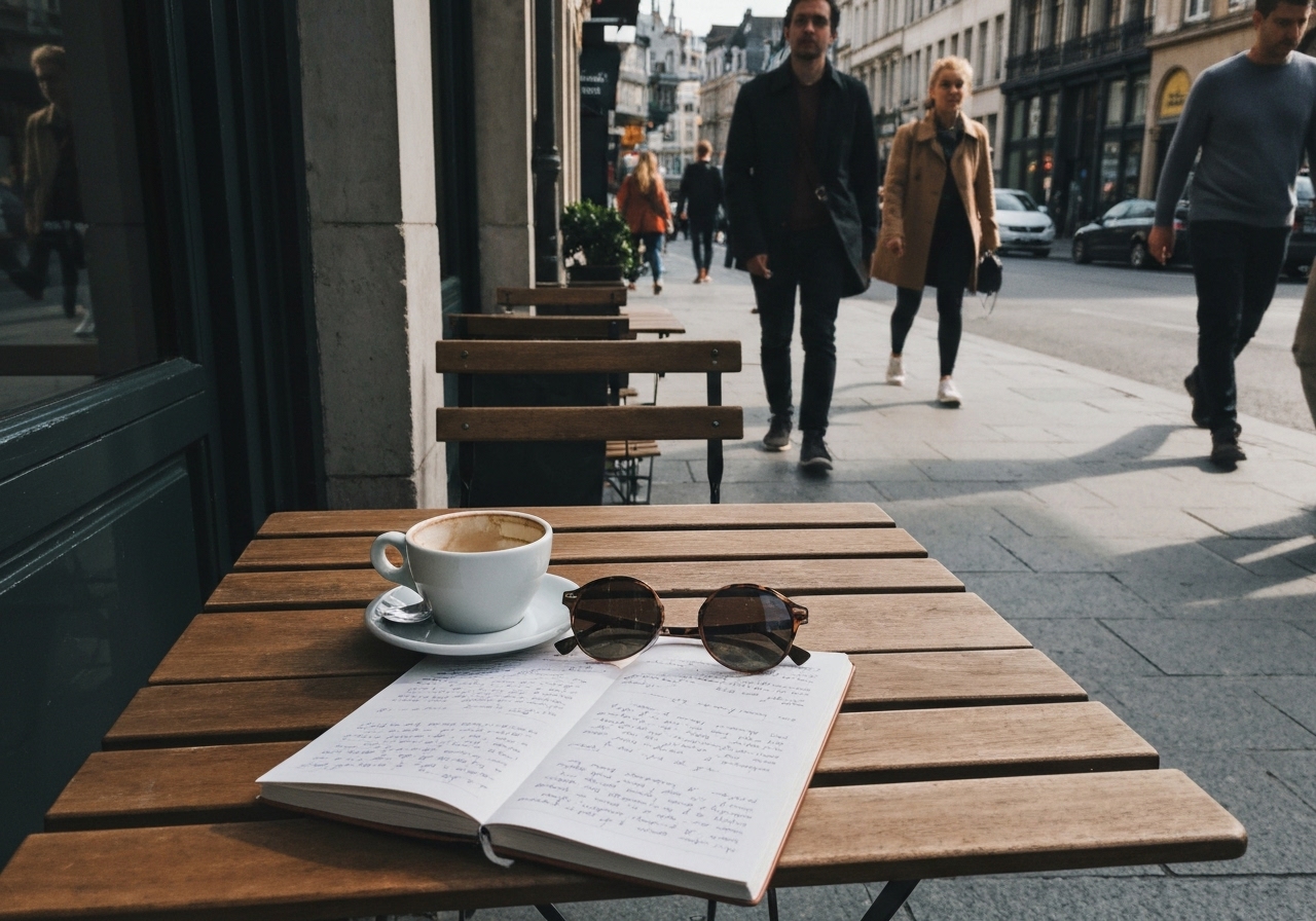 A candid smartphone photo looking down at a small table outside a Brussels café, featuring a half-finished coffee cup, a notebook with handwritten text, and a pair of sunglasses resting beside it. The sun casts soft morning shadows across the table. In the background, slightly out of focus, people walk along a historic street