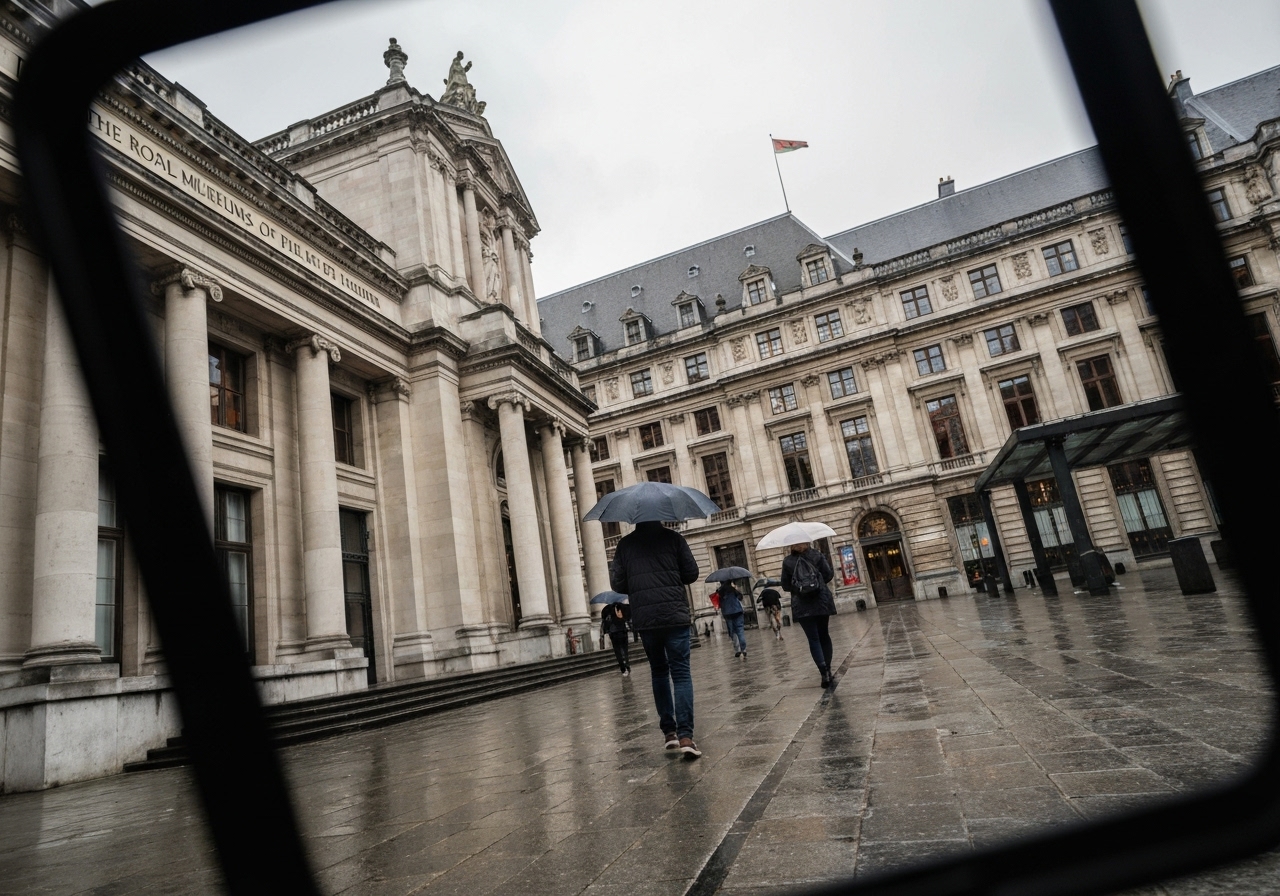 A genuine, off-center smartphone photo of the entrance to The Royal Museums of Fine Arts of Belgium on a damp, overcast day. The image captures a few visitors with umbrellas heading inside, with the grand but wet architecture of Brussels in the background