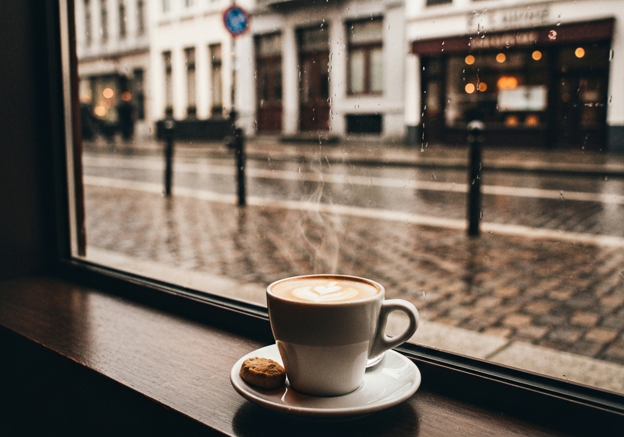 A candid smartphone photo from inside a cozy Brussels café, looking out through a rain-streaked window onto a wet cobblestone street. The view is slightly blurred, with a half-finished cup of coffee and a small cookie on a saucer in the foreground. The atmosphere is contemplative and authentic