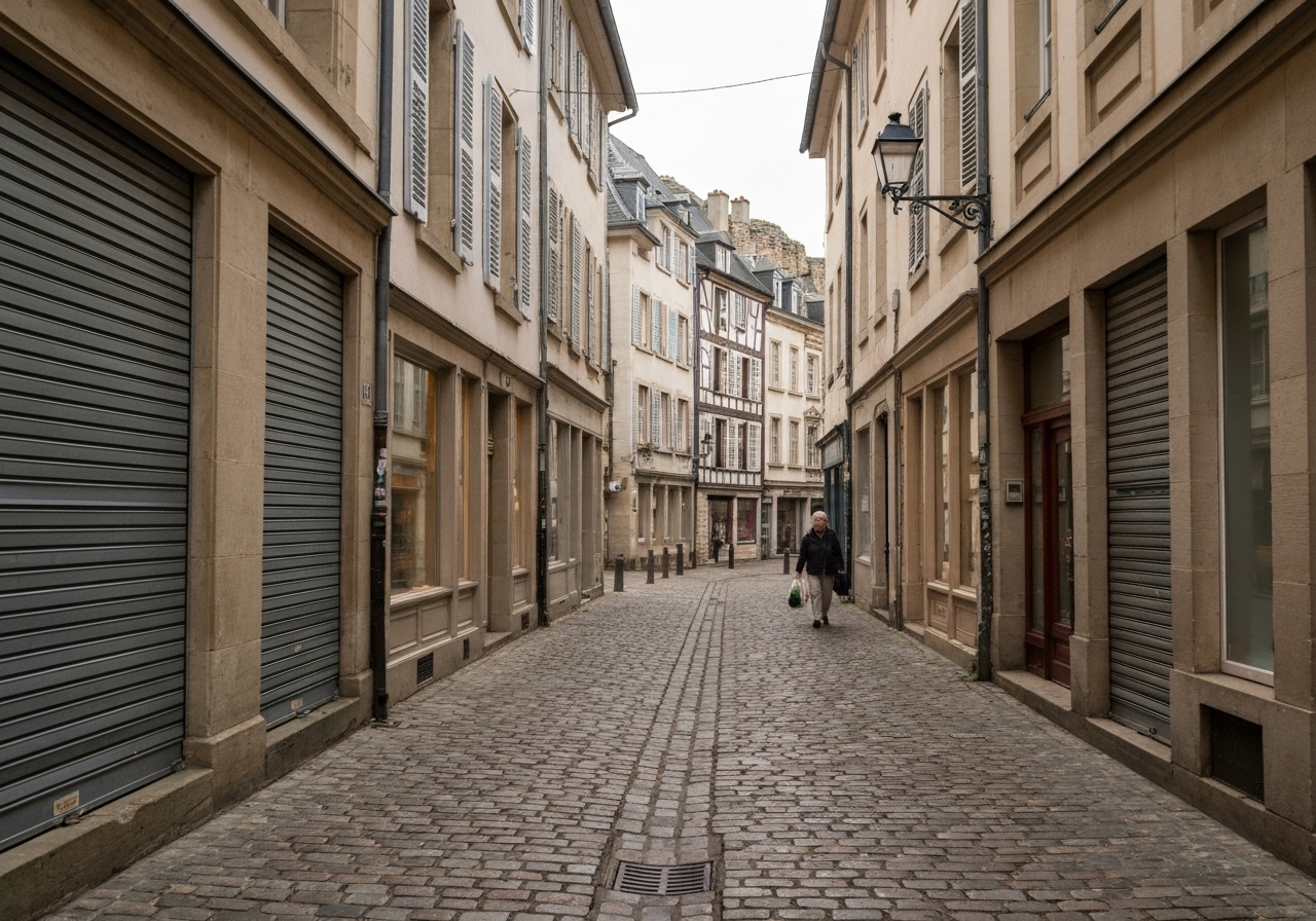 A quiet, narrow cobblestone street in Luxembourg's old town in the early morning. Most shops are still closed with their shutters down. An elderly local woman is walking in the distance carrying a shopping bag. The architecture shows a mix of stone buildings with subtle French and Germanic influences. The lighting is soft and overcast, captured naturally as if taken quickly while walking