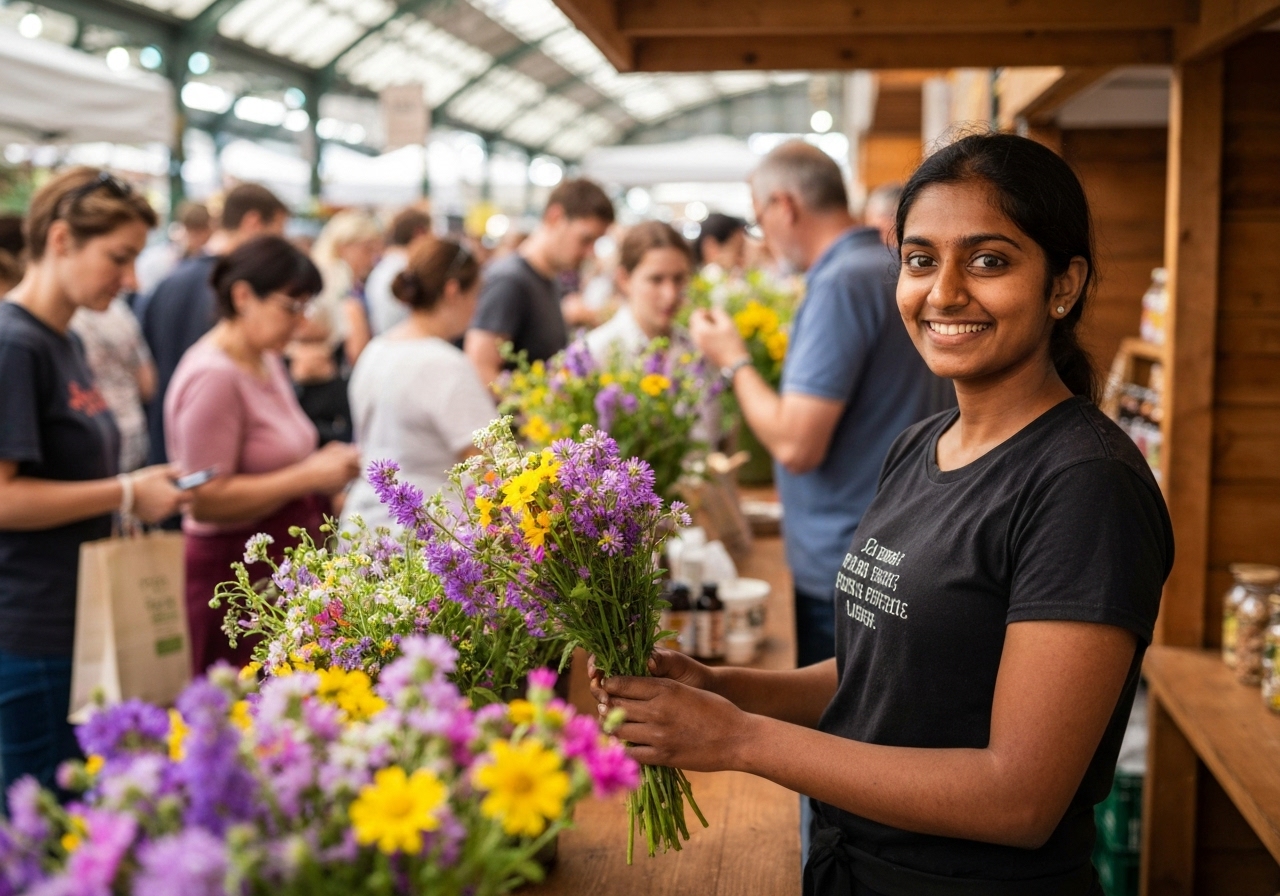 A close-up, slightly blurred photo of a small wooden stall at a morning market in Place Guillaume II. A jar of golden honey with a wooden dipper sits next to a simple handwritten sign that says 'Ardennes Honey'. In the background, out of focus, a vendor's hands are arranging fresh flowers. The composition feels unposed and momentary
