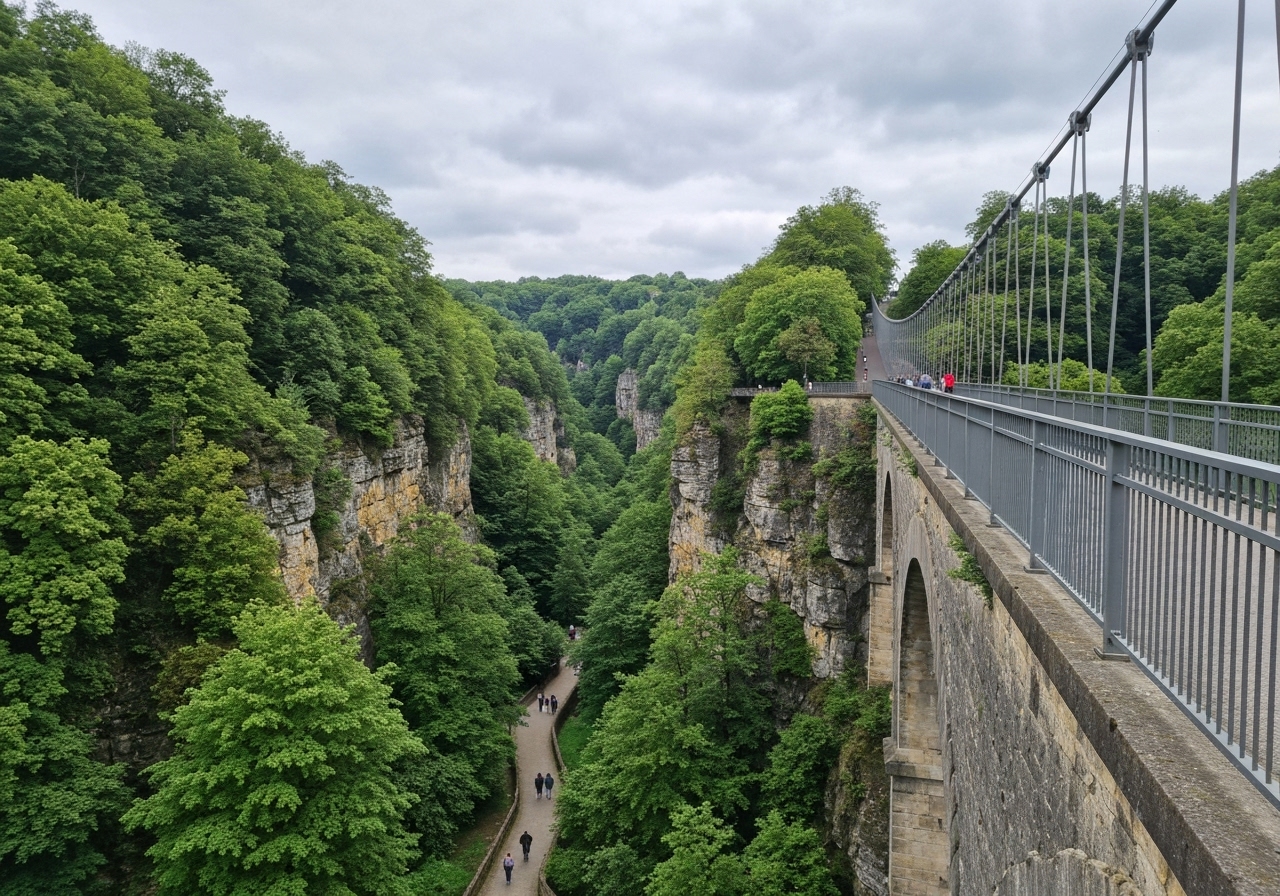 A candid smartphone photo taken from the middle of the Adolphe Bridge in Luxembourg City, looking down into the Pétrusse Valley. The view shows the deep gorge with lush green trees clinging to the rocky walls and a few people walking on the paths far below. The sky is overcast and cloudy. The image has a slightly off-center, spontaneous composition