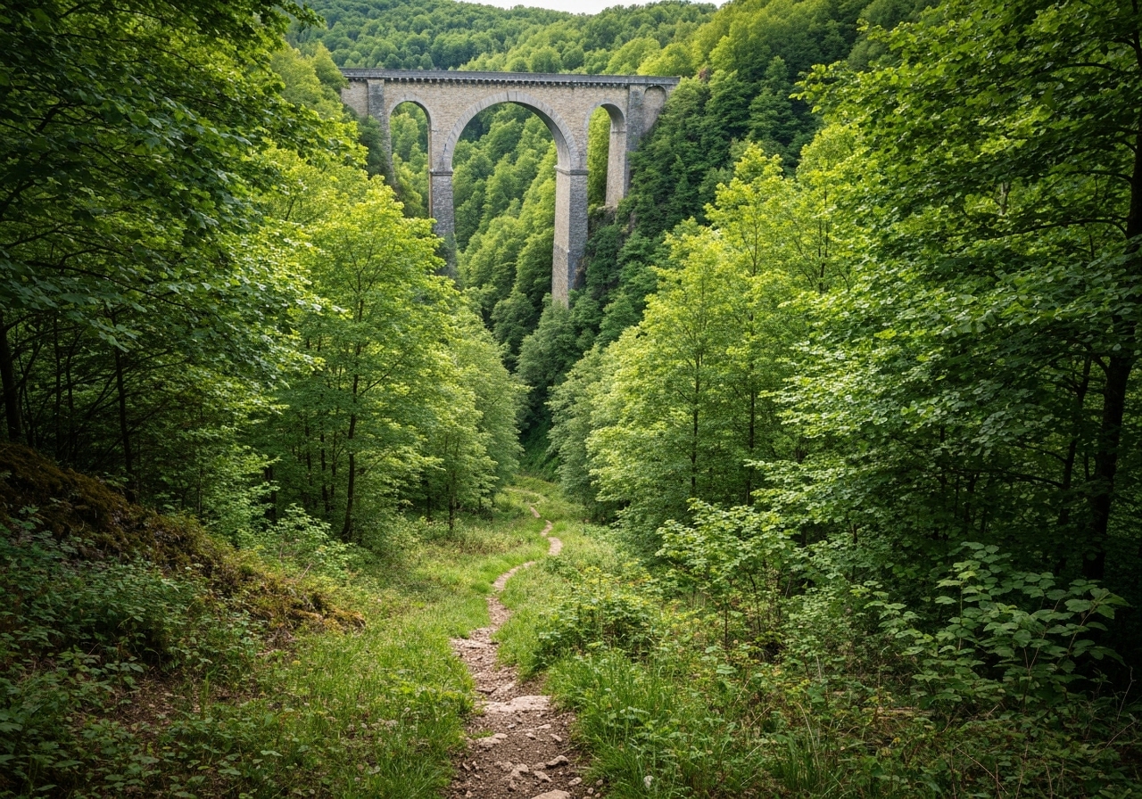 A first-person perspective photo looking down a small, winding trail into the Pétrusse Valley, surrounded by green trees, the impressive stone arch of the Adolphe Bridge visible in the background, capturing a sense of peaceful exploration