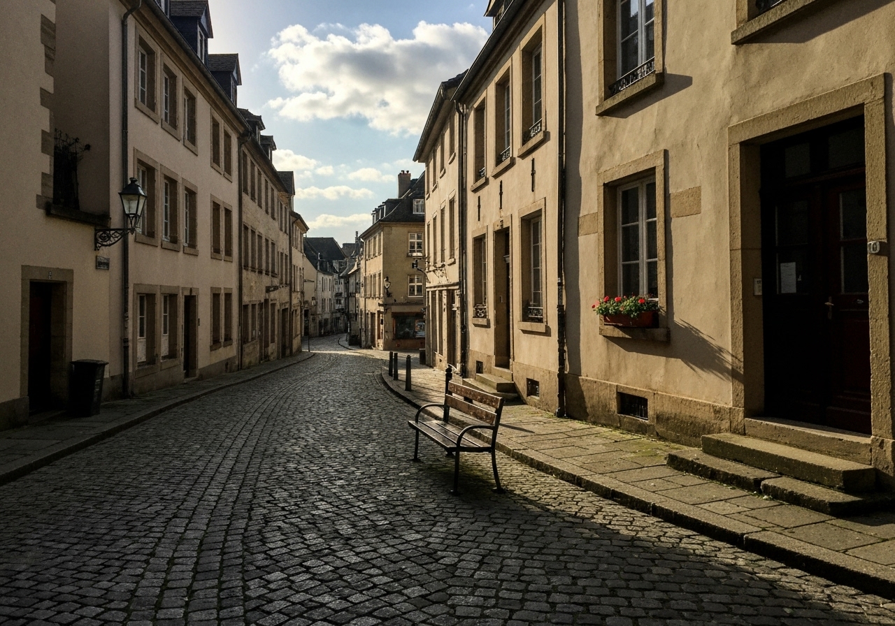A candid shot from a smartphone of a quiet cobblestone street in Luxembourg's old town on a Sunday morning, soft morning light filtering through partial clouds, an empty bench and a few historic buildings, capturing a serene and slightly imperfect moment
