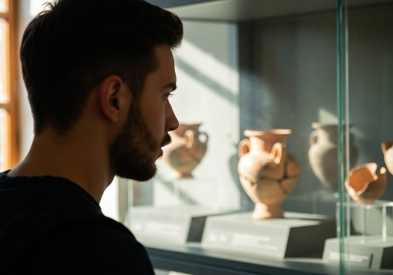 A candid shot from behind a person looking at ancient Roman pottery fragments displayed in a museum case, soft morning light from a nearby window, modern smartphone photo style, slightly out of focus in parts, capturing a quiet moment of reflection