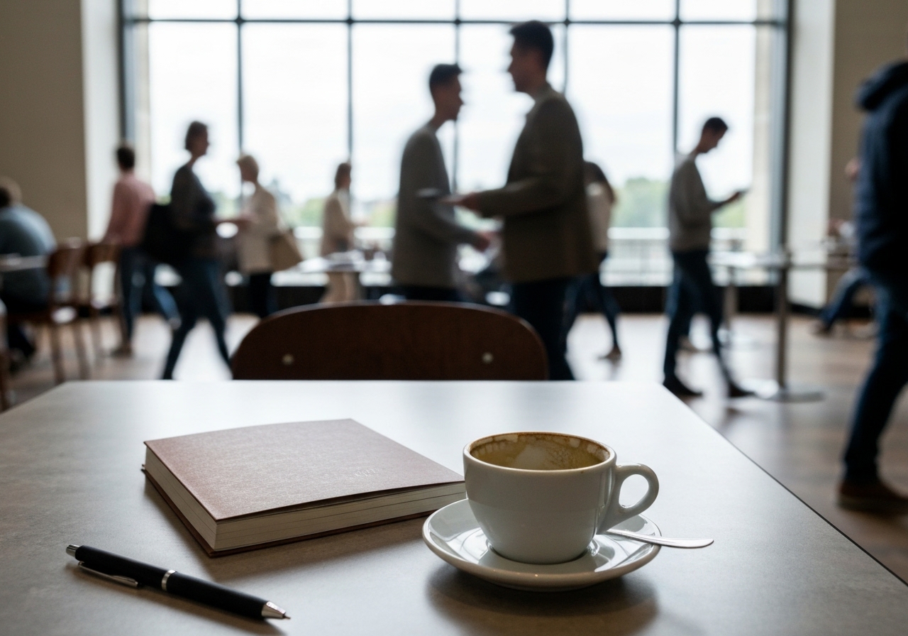 A spontaneous photo of a museum café table with a half-finished coffee cup, notebook and pen beside it, blurred background of people moving, natural lighting from a large window, authentic travel moment, slightly imperfect composition