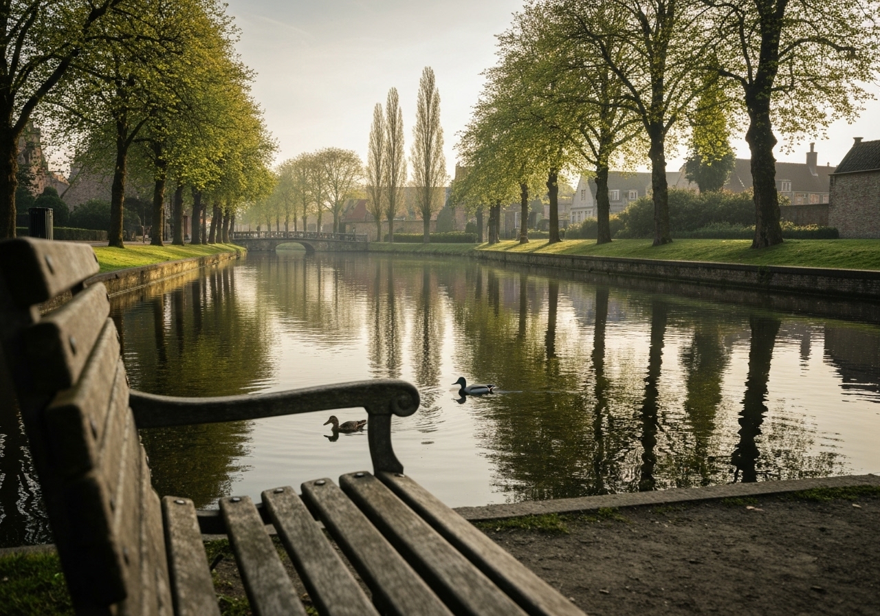 View from a bench by a canal in Minnewater Park, Bruges. Morning light reflects off the still water, capturing the elegant trees and their perfect reflections. A single duck glides across the canal in the foreground. The image has a quiet, contemplative feel with natural lighting