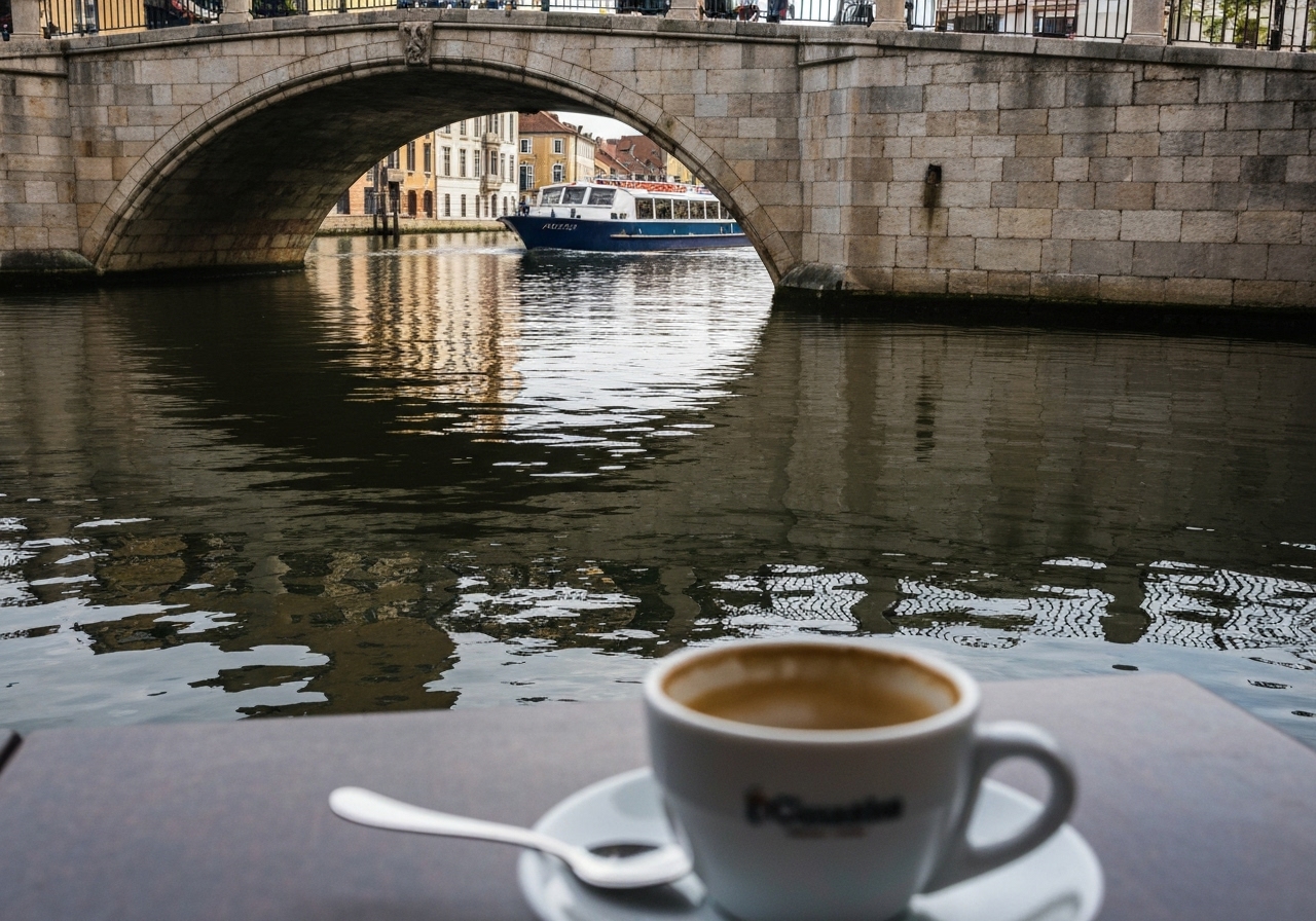 A spontaneous shot from a canal-side café table, featuring a small, half-finished cappuccino cup in the foreground, with a historic stone bridge and a tour boat gliding past in the background, reflected in the calm water. Natural, overcast daylight