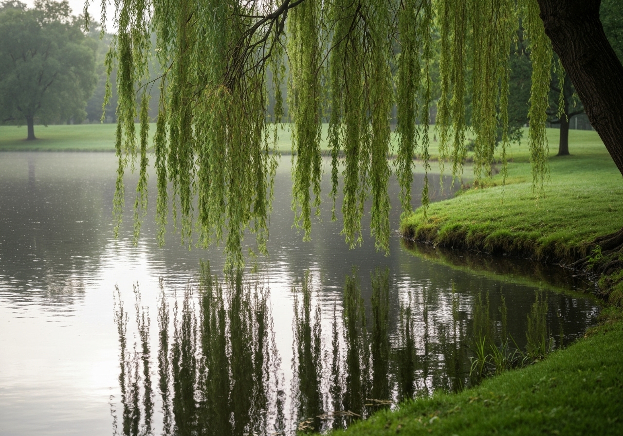 A genuine moment in Minnewater Park, focusing on the drooping branches of a weeping willow gently touching the still surface of the water, creating a distorted reflection. The composition is slightly off-center, capturing the peaceful, overcast atmosphere of an early morning