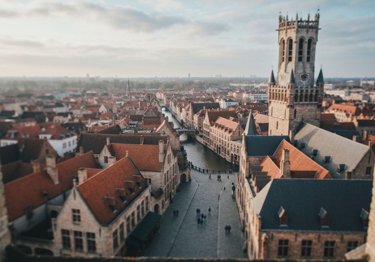 A candid, slightly blurred photo looking down from the Belfry tower in Bruges, capturing the uneven red-tiled roofs and a winding canal below under soft, cloudy morning light. A few tiny figures of early visitors are visible on the square, no filter, smartphone photography