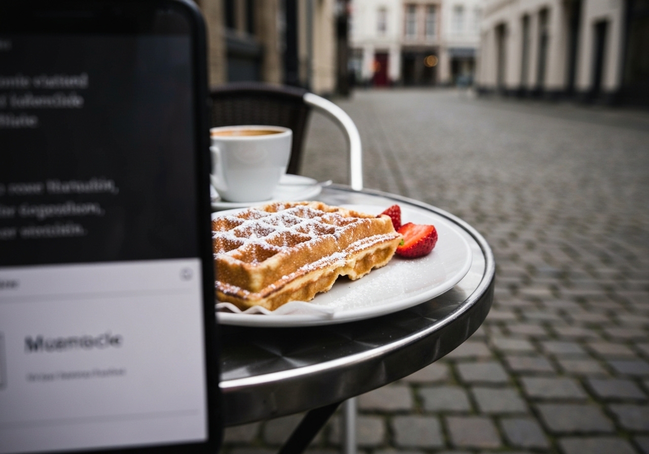 A candid, slightly blurry shot from a smartphone of a half-eaten Brussels-style waffle on a small plate, with a light dusting of powdered sugar and a few fresh strawberries, on a simple metal cafΓ© table. In the background, the edge of a coffee cup and the cobblestone street of Bruges are softly out of focus. The lighting is natural and overcast