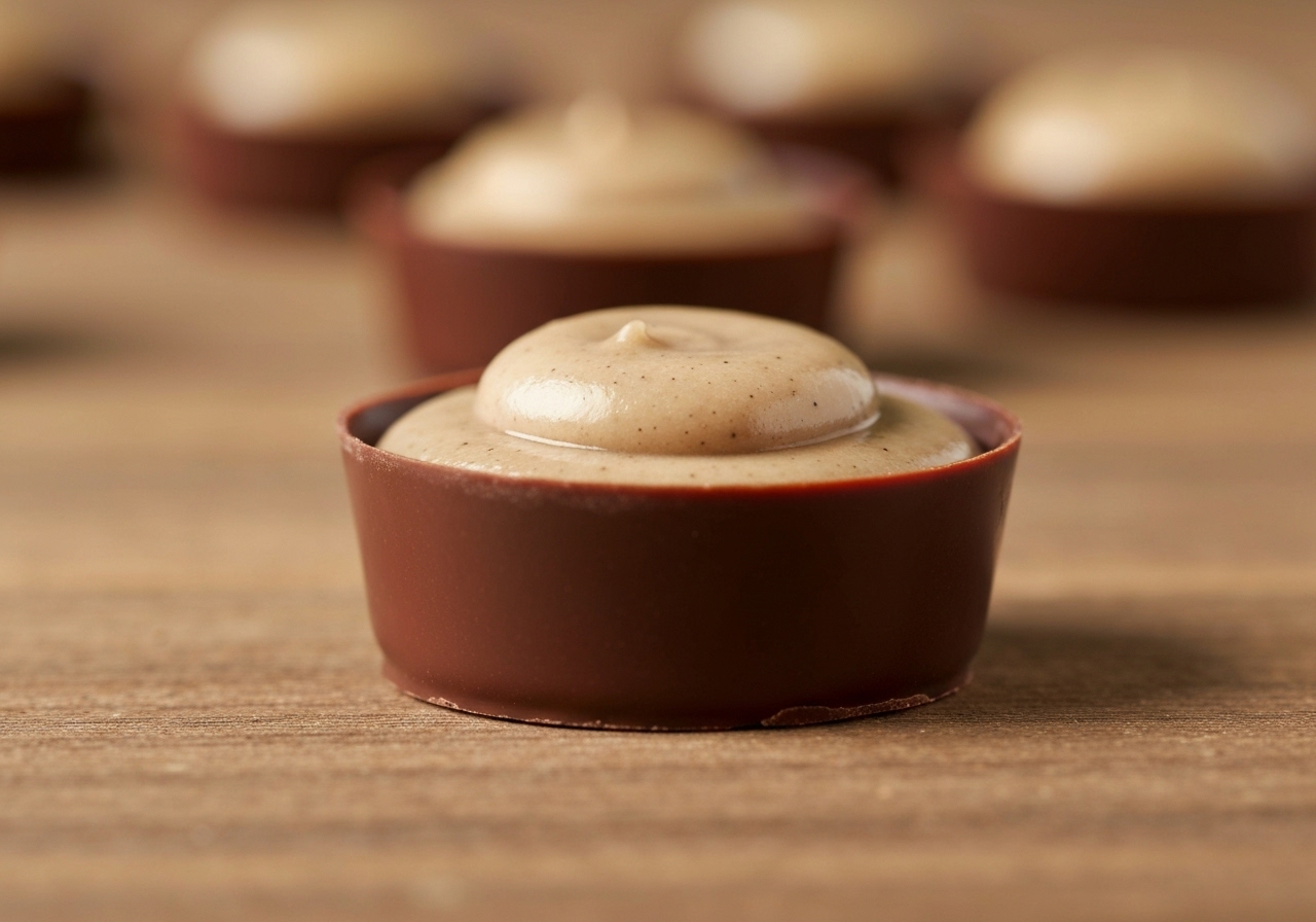 A close-up, authentic photo of a small, elegant chocolate praline, partially bitten into to show the earl grey ganache filling, resting on a simple paper bag from a chocolatier. The image is taken from above, with the historic cobblestones of a square visible in the shallow depth of field. The style is spontaneous and real, not staged