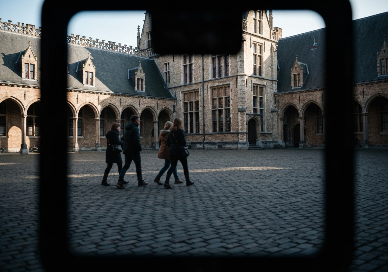 A candid, slightly off-center smartphone photo of the Groeningemuseum courtyard in Bruges, bathed in soft morning light. A few visitors are blurred in the foreground, walking towards the entrance. The architecture is historic but the image feels spontaneous, with a modern, realistic quality and natural shadows