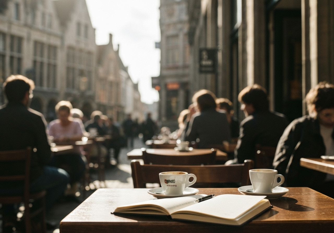 A quiet, sun-drenched café table in Bruges with a half-finished espresso cup and an open notebook. The background is softly blurred, showing other patrons and historic buildings. The composition is natural and unposed, capturing a genuine moment of reflection with warm, natural light and subtle lens flare