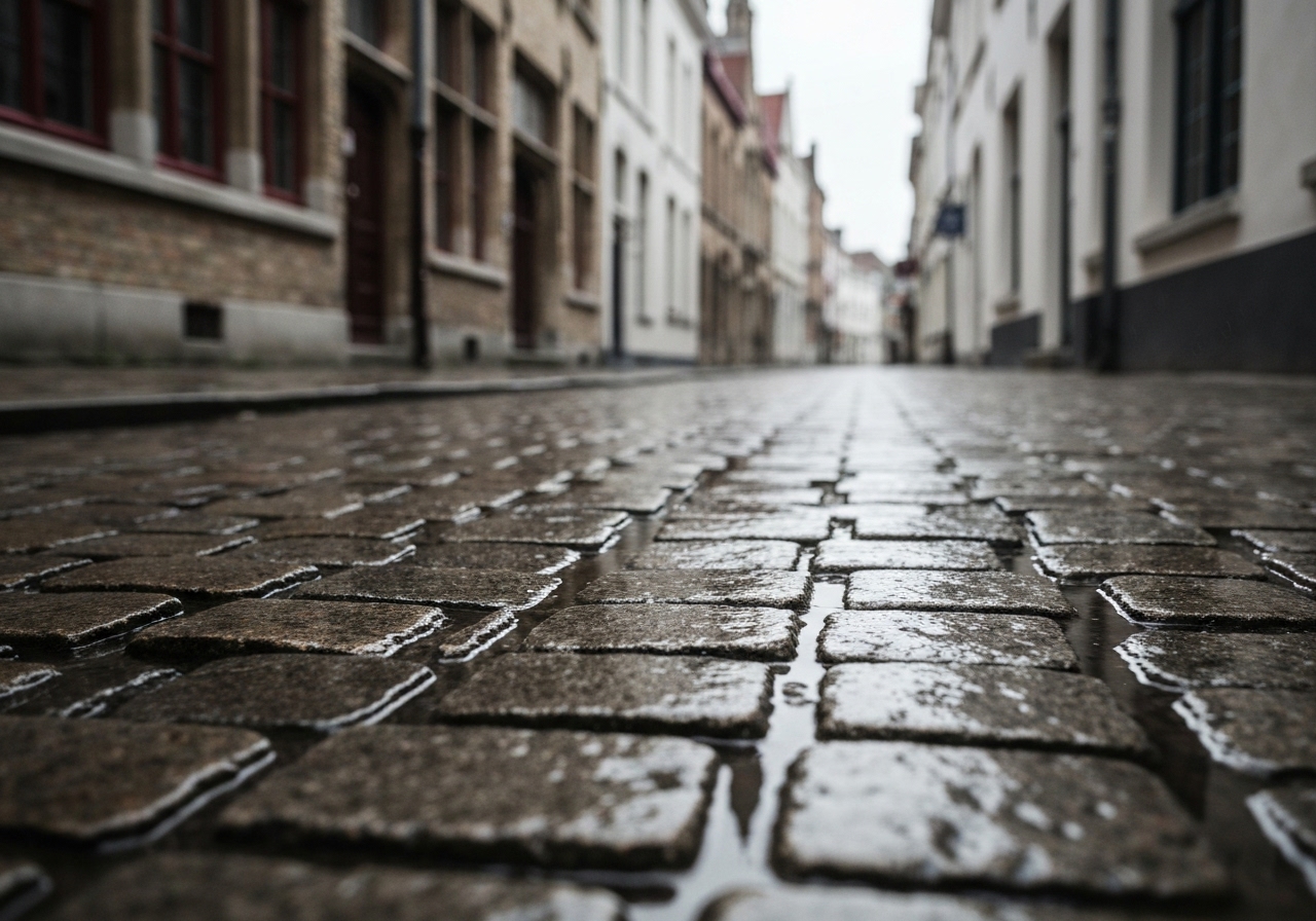 A close-up, authentic photo of wet, glistening cobblestones on an empty, narrow medieval street in Bruges, puddles reflecting the gray sky and historic architecture, captured from a low angle as if taken during a walk, natural and moody atmosphere