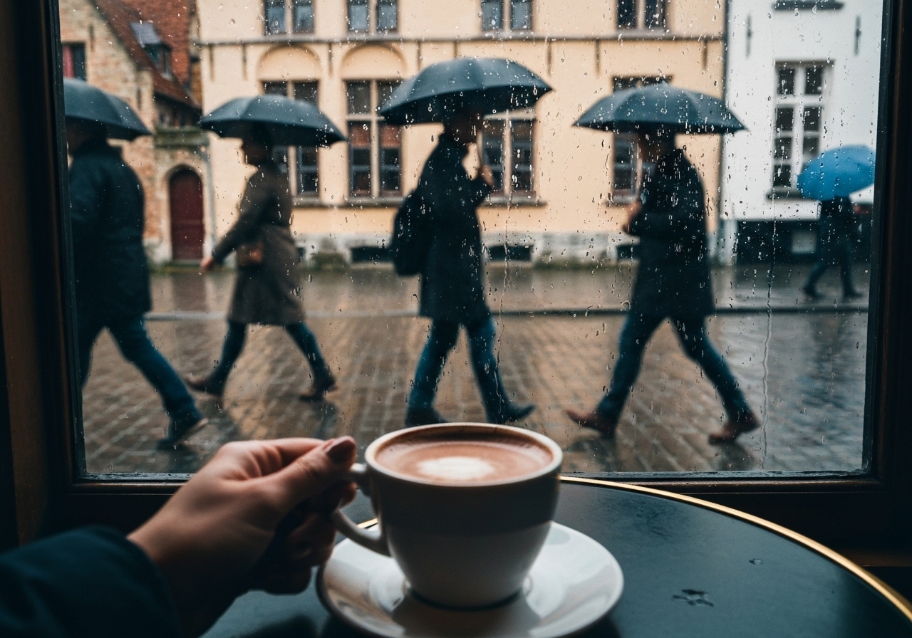 A spontaneous shot of a hand holding a warm cup of hot chocolate on a small café table, with a rain-streaked window in focus, showing the blurred, distorted figures of people with umbrellas hurrying past historic buildings in Bruges, intimate and imperfect composition