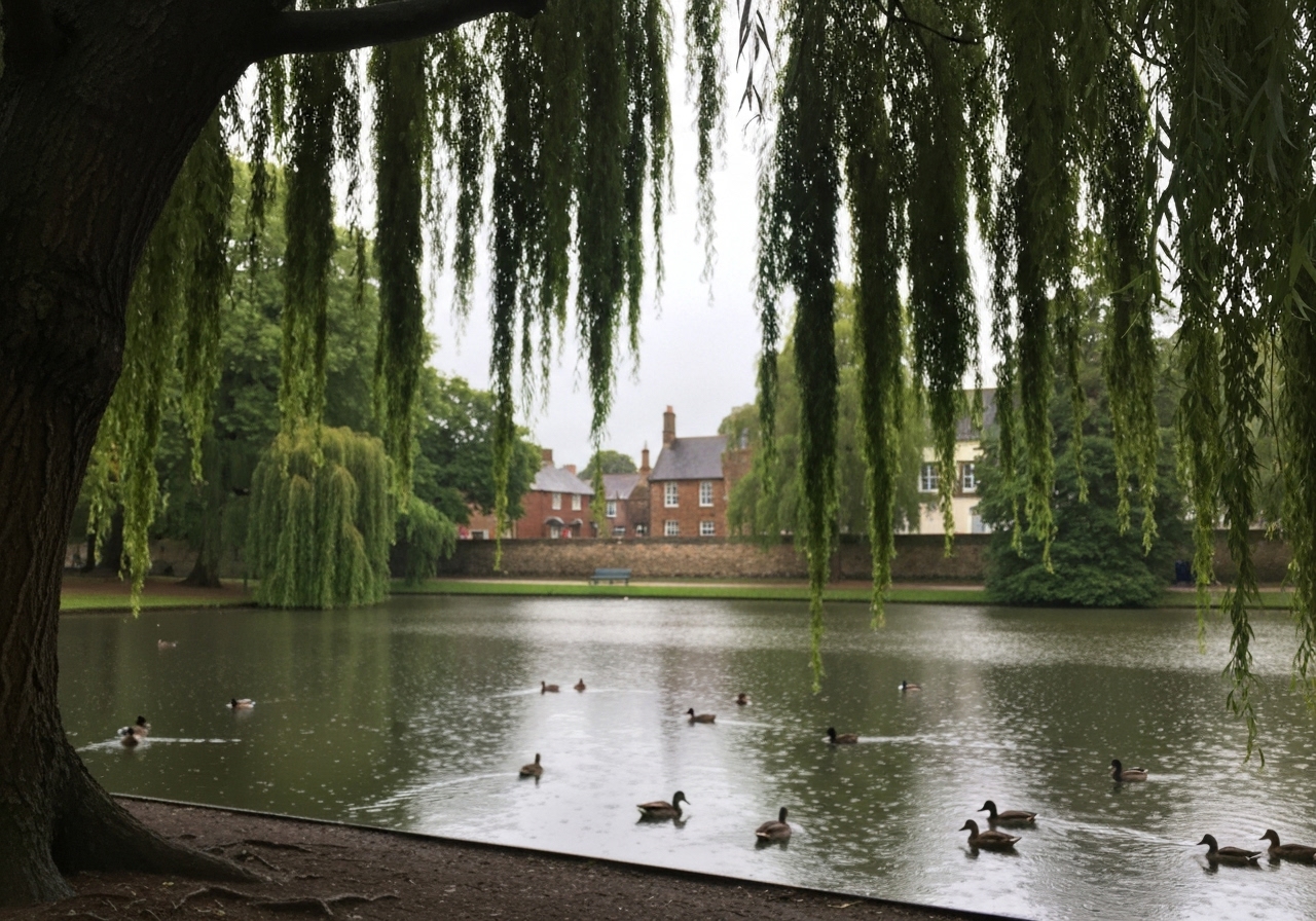 A candid, slightly blurry smartphone photo looking out from under a weeping willow tree in a park, capturing the gentle drizzle on the surface of a lake with ducks swimming, medieval buildings blurred in the background, natural lighting, overcast sky, authentic moment