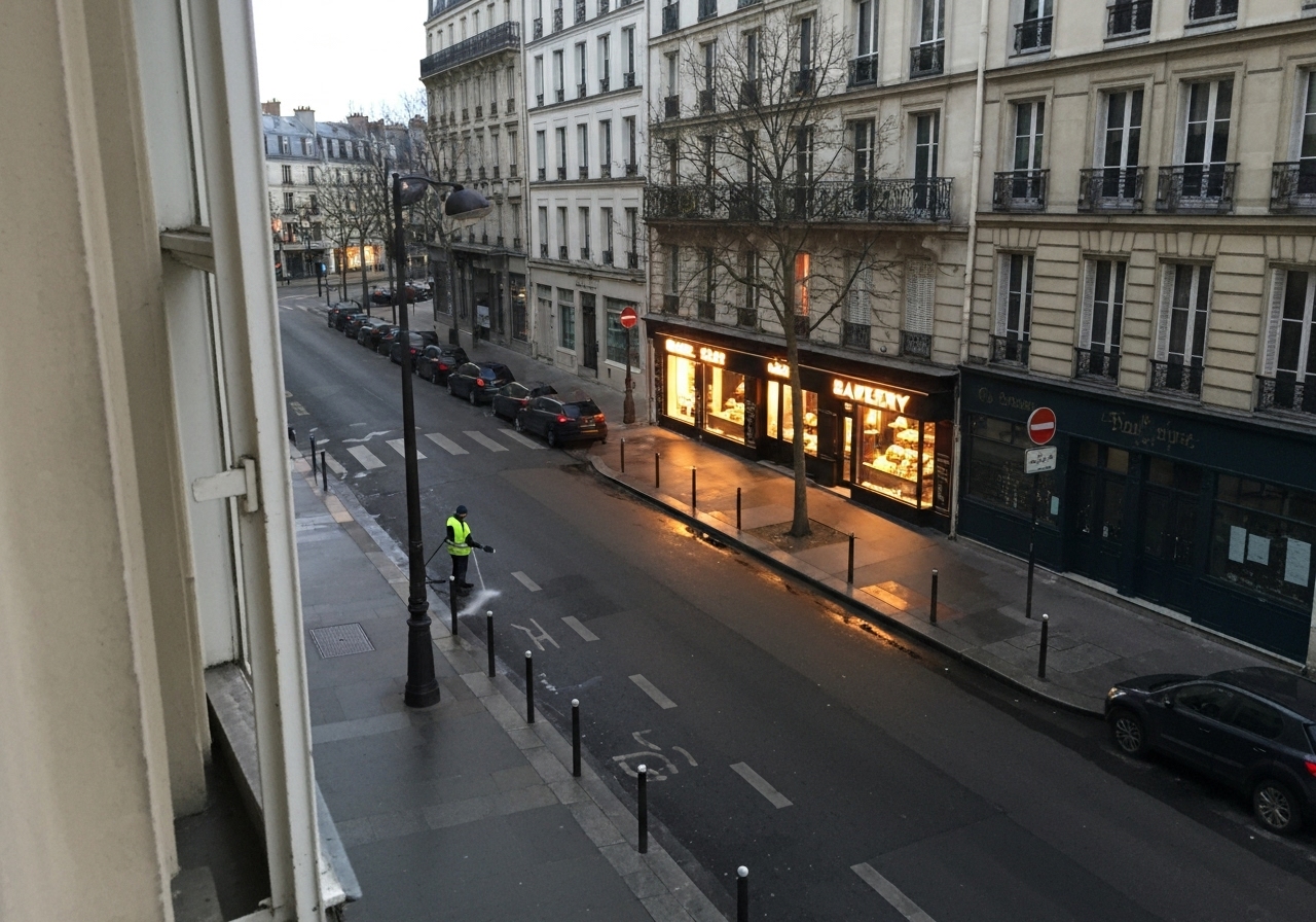 Early morning view down a typical Parisian street in the 5th arrondissement, captured from an upper-floor window. The bakery across the street has just turned on its lights, creating a warm glow in the cool morning light. A street cleaner is visible hosing down the sidewalk. The image has a grainy, authentic quality with natural morning colors and no dramatic filters