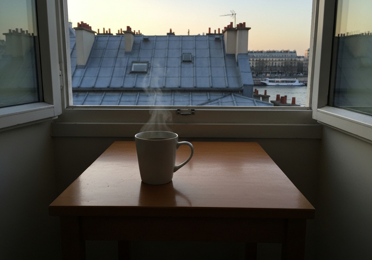 A spontaneous shot of a simple hotel room interior in Paris, featuring a small wooden table by a window. A plain ceramic mug of coffee sits on the table, steam rising. Outside the window, the pre-dawn light reveals silhouettes of rooftops and a glimpse of the Seine in the distance. The photo has the slightly imperfect composition and lighting of a real smartphone capture