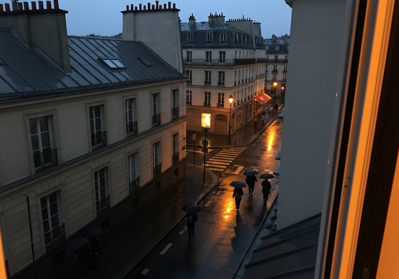 A candid smartphone photo taken from a slightly elevated hotel room window, looking down on a narrow Parisian street just before dawn. The scene is wet from recent rain, with reflections of streetlights on the dark pavement. A few blurry figures with umbrellas walk on the sidewalk. Classic Parisian rooftops with chimneys are visible across the street. The composition feels slightly cramped and authentic, not staged
