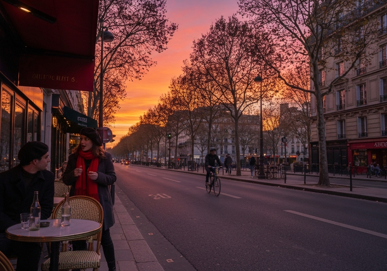 A spontaneous street-level view down a narrow, car-free Parisian street in the late afternoon. Cobblestones slightly wet from a recent light rain, café tables and chairs spilling onto the pavement, people chatting at tables slightly blurred as if caught mid-movement. No famous landmarks, just everyday Parisian life
