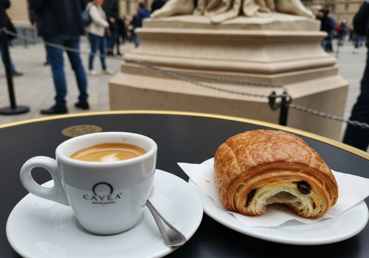 A close-up, imperfect smartphone photo of an overpriced espresso and a half-eaten pain au chocolat on a small café table in the Louvre. The focus is slightly soft, capturing the texture of the flaky pastry. In the background, out of focus, are the legs of other visitors and the base of a large statue, conveying a moment of rest in a busy museum