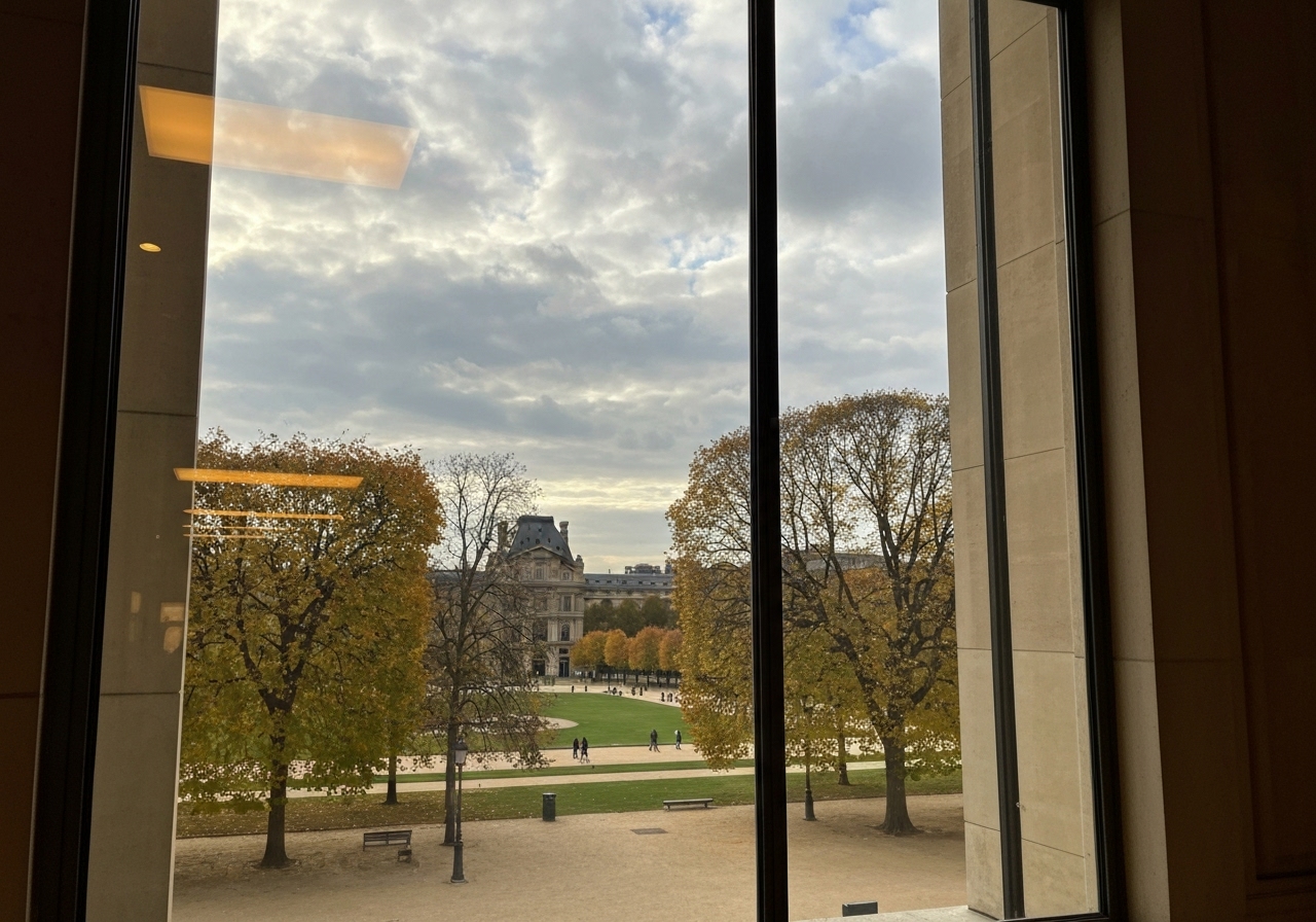 A spontaneous, slightly crooked shot through a large window in the Louvre, showing a glimpse of the Tuileries Garden outside. The sky is overcast with soft, cloudy light. The trees show the first hints of yellow and orange autumn colors. The photo has a slight reflection of the interior's warm light on the glass, making it feel authentic and immediate