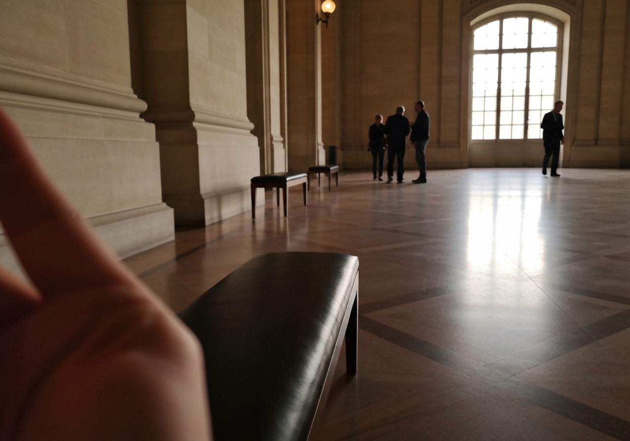 A candid, slightly blurry photo taken from a bench in the Louvre's Denon Wing, looking down a grand hallway. The scene is captured at a slightly off-angle, as if held in hand. A few tired visitors are walking in the distance, and the polished marble floor reflects the soft, late afternoon light filtering through a large window. The atmosphere is quiet and contemplative