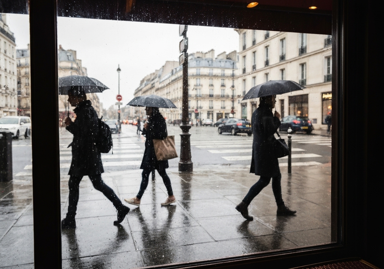 An authentic street-level view through a café window in Paris, showing pedestrians with umbrellas walking past on a wet sidewalk, captured through rain-streaked glass, slightly blurred and imperfect as if taken quickly with a phone, early morning light filtering through gray clouds