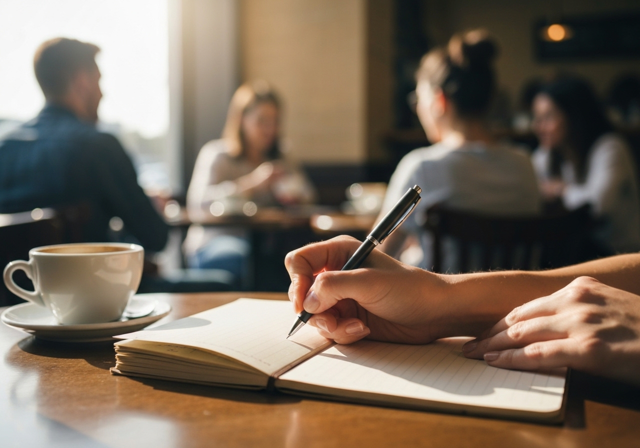 A spontaneous shot of a hand holding a pen, writing in a travel notebook on a café table, with a blurred background of other patrons and a coffee cup in the foreground, capturing the quiet planning moment, natural morning light, realistic smartphone photo quality with slight motion blur