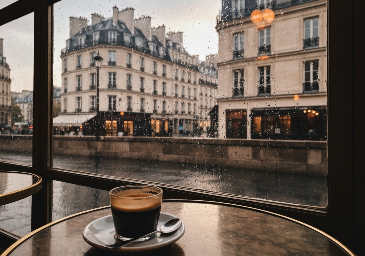 A candid smartphone photo looking out a rain-streaked café window in Paris, a half-finished black coffee on the table in the foreground, the historic buildings of Saint-Michel blurred and distorted through the wet glass, natural lighting, authentic moment