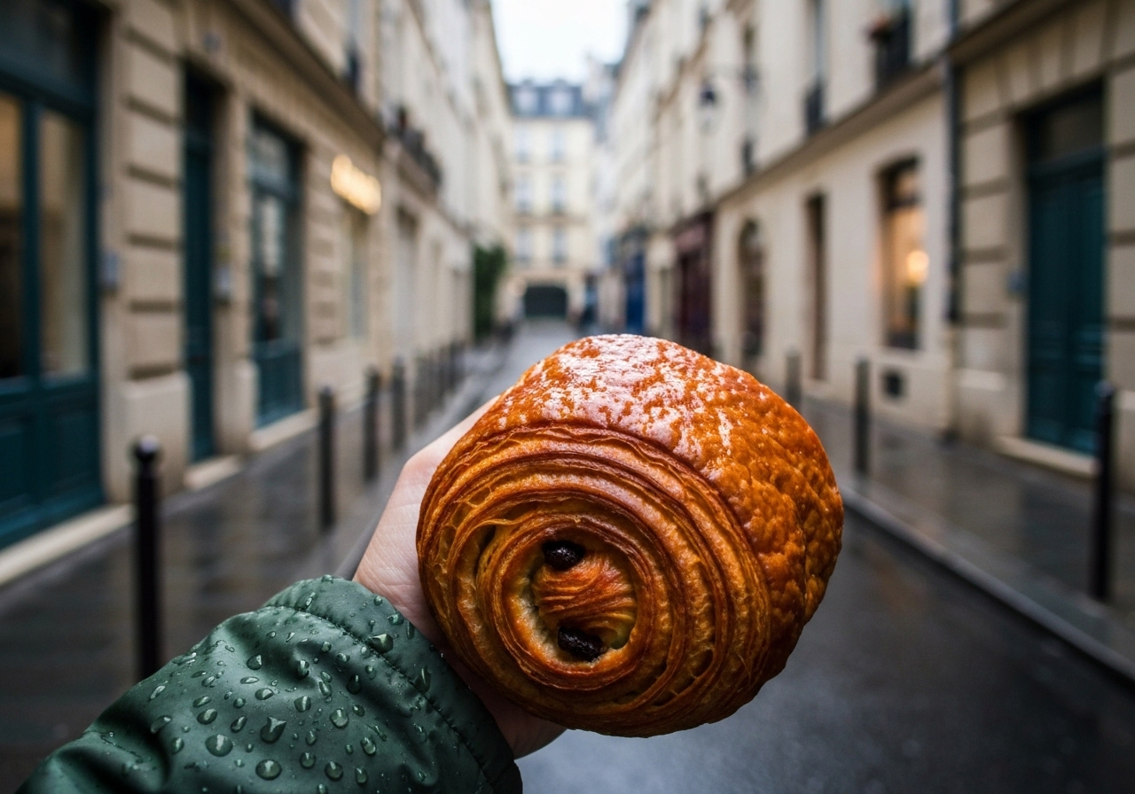 A close-up, imperfect photo of a warm pain au chocolat from a Marais bakery, held in hand with rain droplets visible on a jacket sleeve, captured on a smartphone in a narrow, wet Parisian street with historic building facades in the soft-focus background