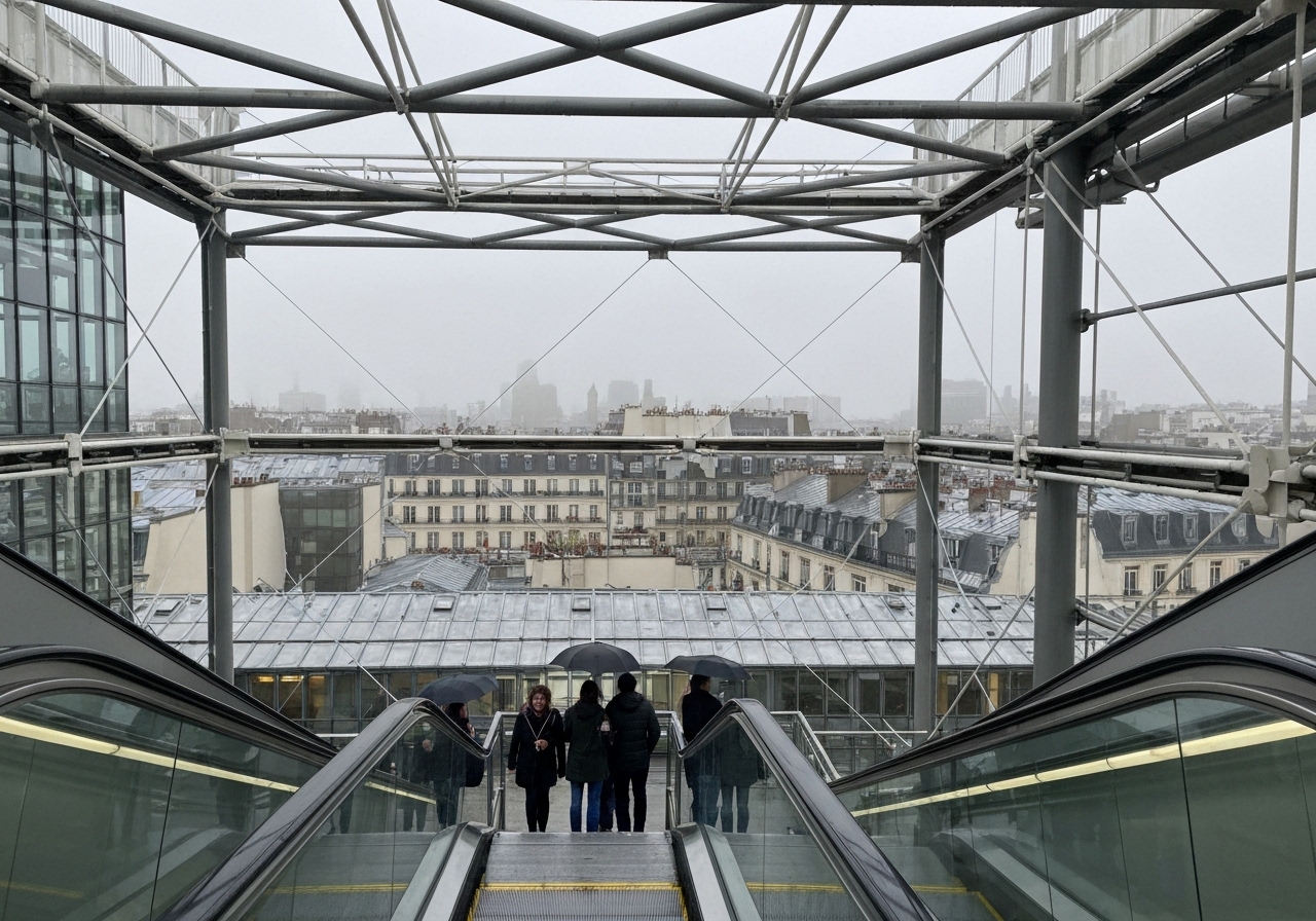 A spontaneous shot from the external escalator of Centre Pompidou in the rain, capturing a misty, gray view of Paris rooftops through the geometric, industrial framework of the building, a few other visitors with umbrellas visible below, genuine travel moment
