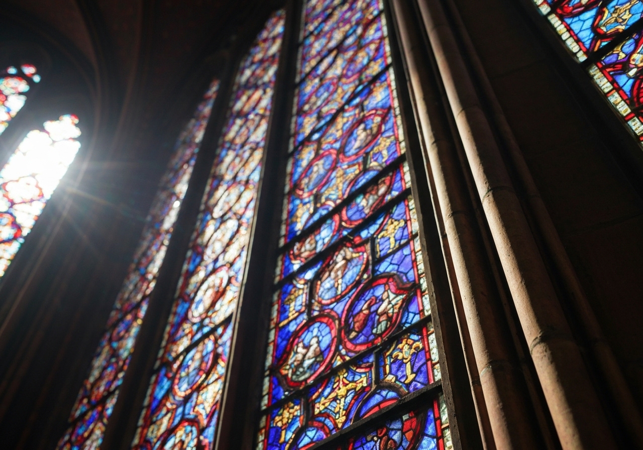 A candid, slightly blurry photo taken from a low angle inside Sainte-Chapelle, focusing on the intricate details and vibrant colors of a single stained glass window panel, with the morning sun creating a soft lens flare. Shot on a smartphone, authentic and imperfect