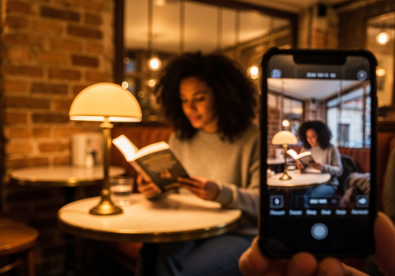 A candid smartphone photo from inside a cozy Parisian café, looking out through rain-streaked glass at people with umbrellas walking on a damp street near Saint-Michel. The foreground shows a half-finished cup of black coffee and a phone on the marble tabletop. The atmosphere is moody and authentic, with soft natural light from an overcast sky