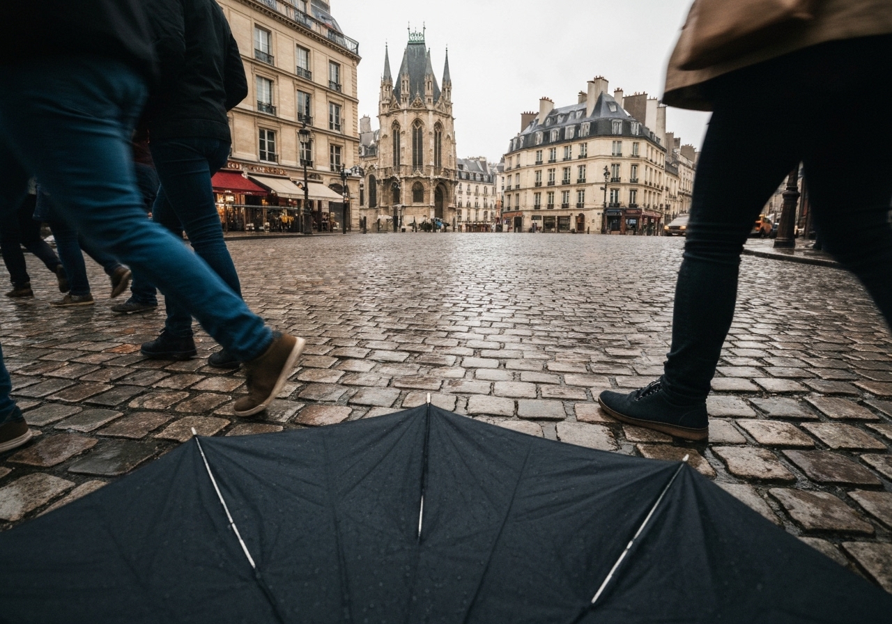 A first-person perspective view walking through the rainy streets of Paris, holding an unfurled umbrella. The shot captures the wet cobblestones, the legs of people passing by, and the historic buildings of the Saint-Michel neighborhood. The image feels like it was taken in motion, slightly imperfect and authentic