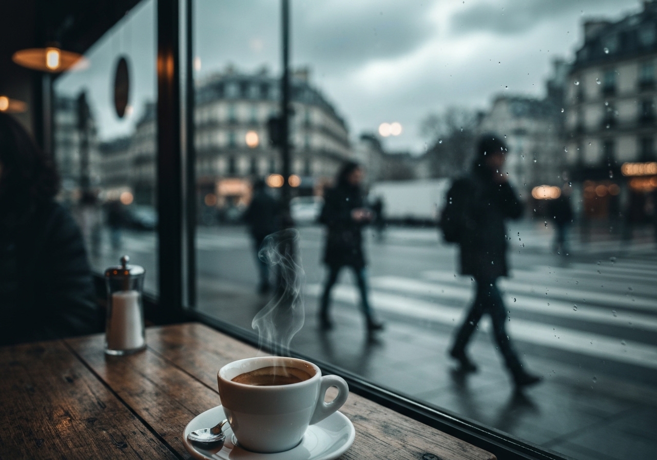 A candid, slightly blurred shot from inside a Parisian café, looking out a rain-spotted window at people hurrying past under grey clouds on the street, a half-finished espresso cup on the table in the foreground, captured with a smartphone