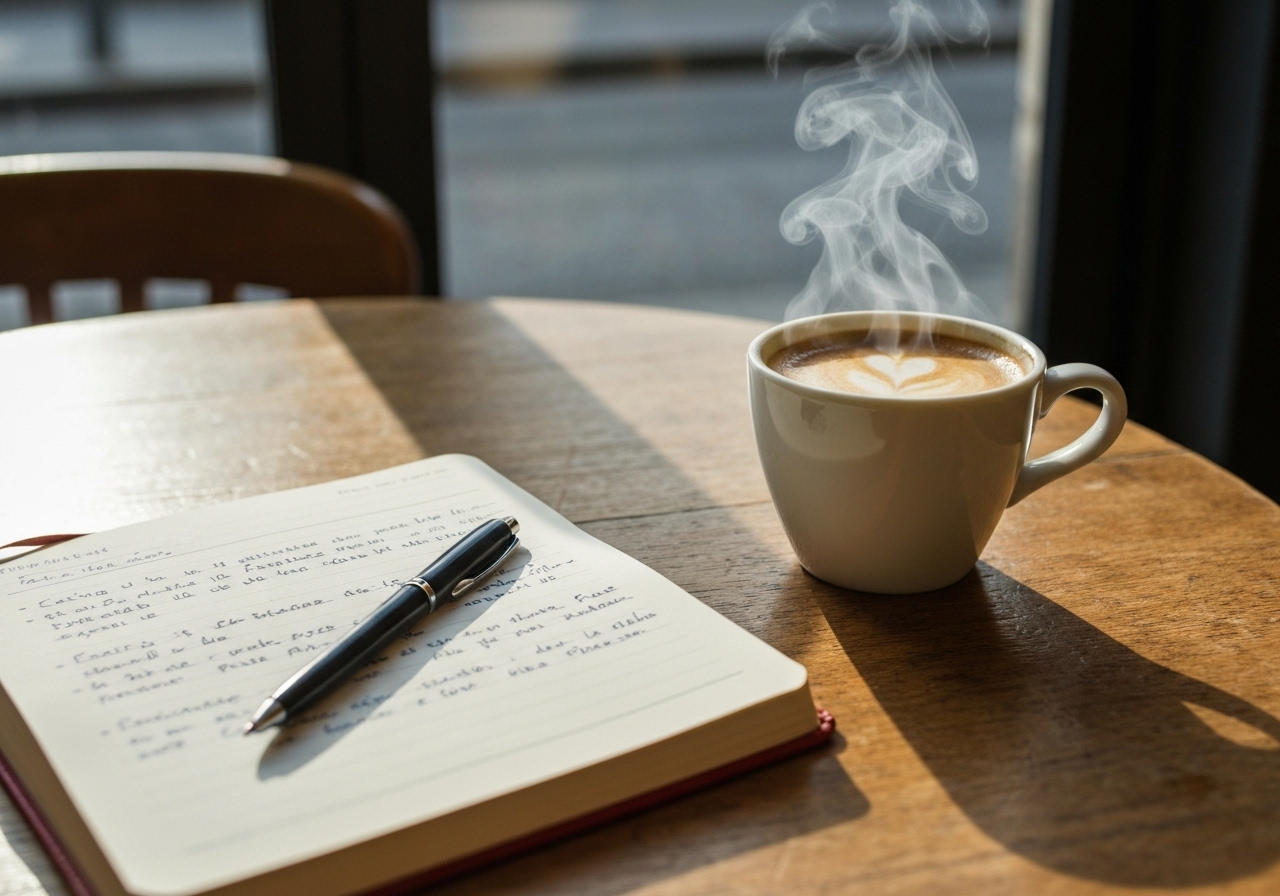 A spontaneous shot of a worn travel journal and pen lying open on a café table next to a cooling coffee cup, with the journal showing handwritten notes about Paris destinations and future travel options, natural morning light