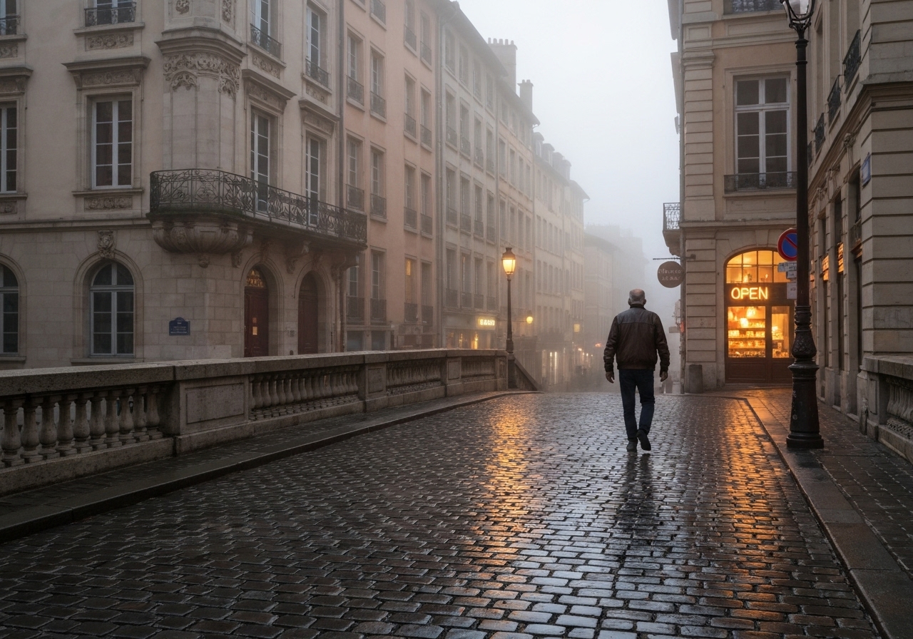 A spontaneous smartphone photo taken from a pedestrian bridge in Lyon, France, looking down a foggy cobblestone street in Vieux Lyon early in the morning. The Renaissance buildings are partially obscured by mist, with a lone figure walking in the distance and the soft glow of a bakery's open sign