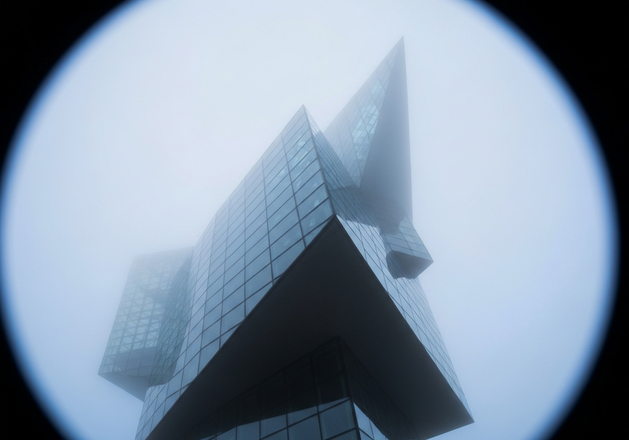 A candid smartphone photo looking up at the angular, deconstructivist glass and steel architecture of the Musée des Confluences in Lyon, softened by a thick morning fog, capturing its futuristic and imposing silhouette from a low angle