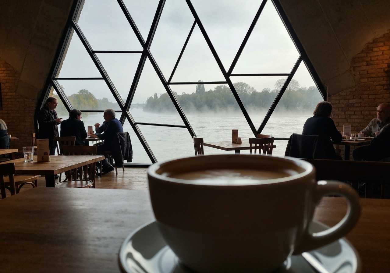 An authentic, slightly blurry shot from inside the museum's café, featuring a half-finished cup of coffee in the foreground, with the misty confluence of the Rhône and Saône rivers visible through the large, geometric windows in the background