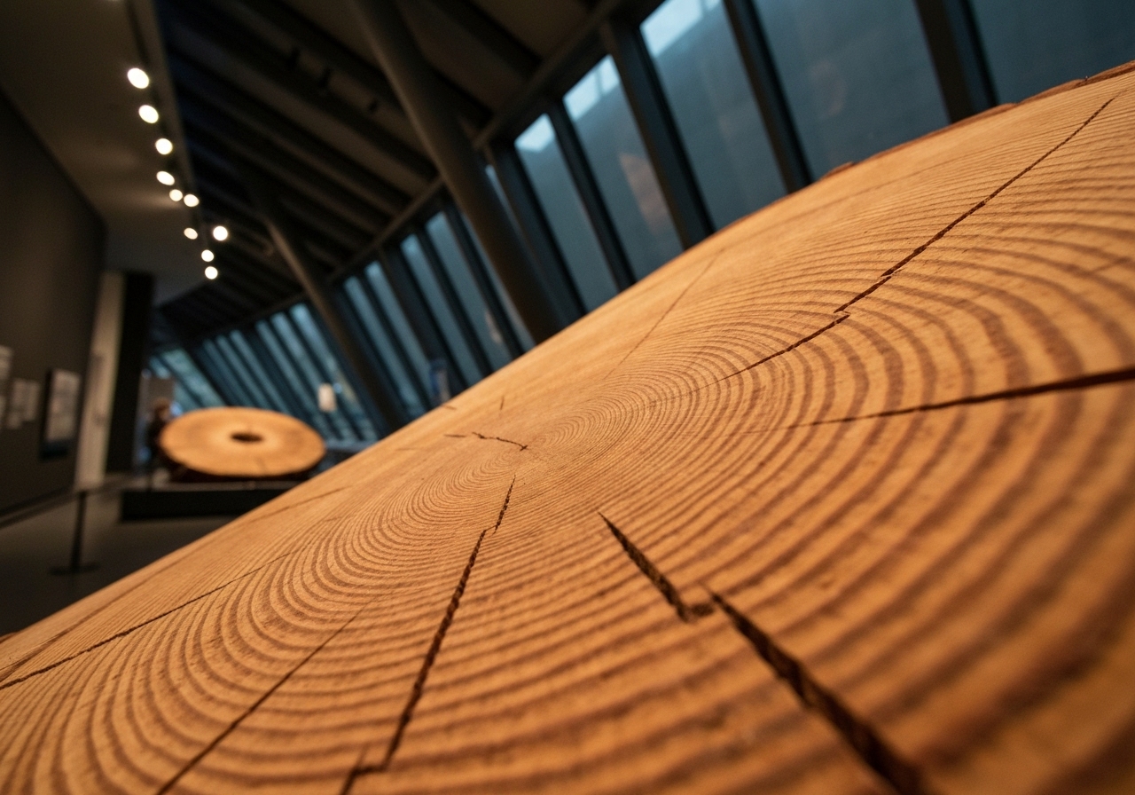 A spontaneous, close-up photo of the massive sequoia cross-section display, focusing on the intricate tree rings, with the museum's dramatic, angular interior architecture visible slightly out of focus in the background, capturing a moment of quiet contemplation