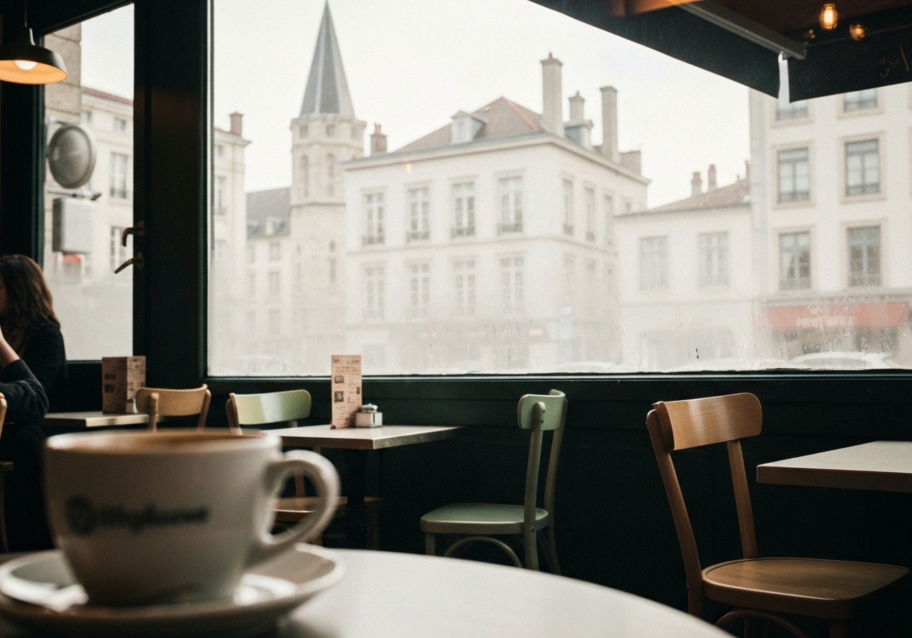 A candid shot from inside a Lyon café, looking out through a slightly foggy window pane towards the historic buildings of Vieux Lyon. The corner of a coffee cup is in the foreground, slightly out of focus. The lighting is soft and natural, with a sense of a cool morning