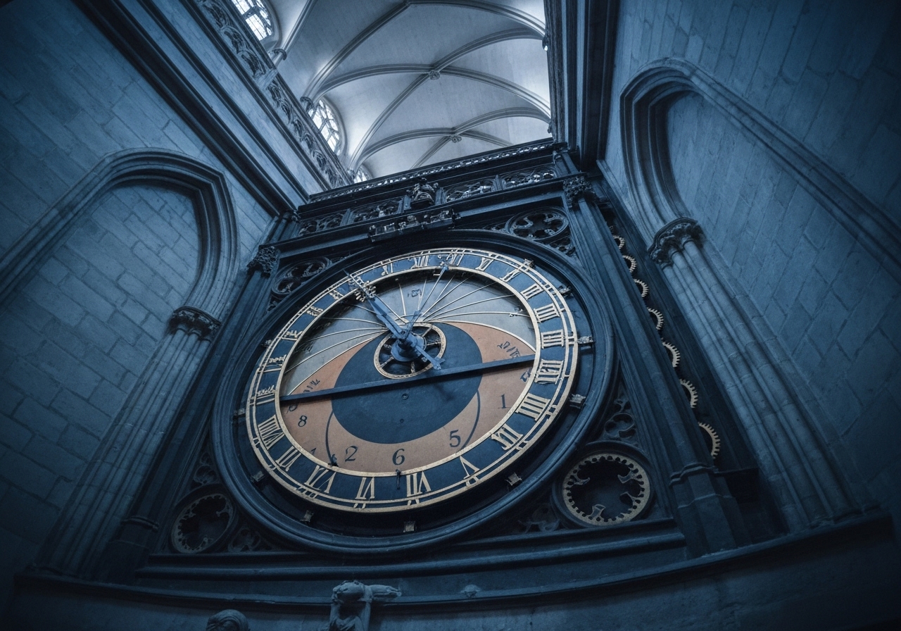 A low-angle, spontaneous photo looking up at the intricate details of the Lyon Cathedral's astronomical clock, capturing the play of dim interior light on the ancient mechanism. The perspective should feel like a traveler just glancing up, not a perfectly composed shot