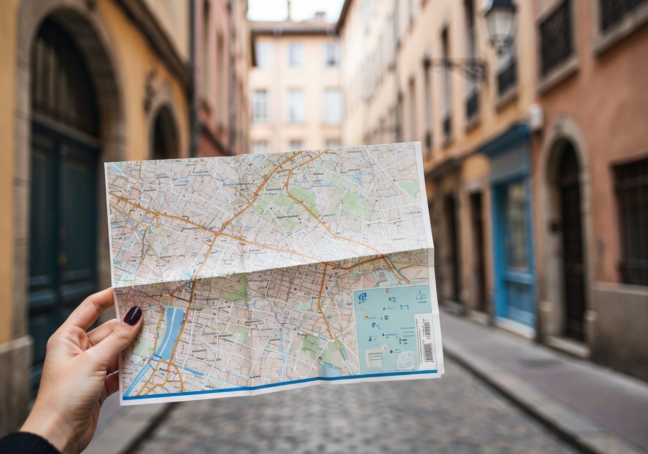 A person's hand holding a unfolded city map, with the iconic traboules and cobblestone streets of Vieux Lyon slightly blurred in the background. The focus is on the map and the hand, suggesting a moment of navigation and discovery, not a staged tourist photo
